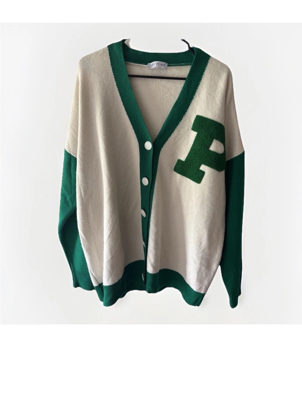 Cream & Green Letterman-Style V-Neck Cardigan Sweater- Very Peri